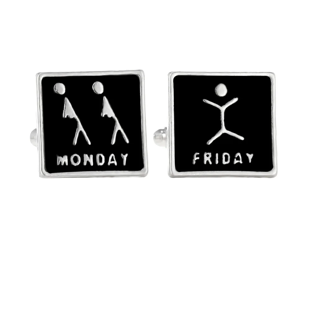 1Pair Trendy French Men's Shirt Cufflinks Dry Monday and Happy Friday Pattern Square Cufflinks Jewelry Accessories Party Gifts