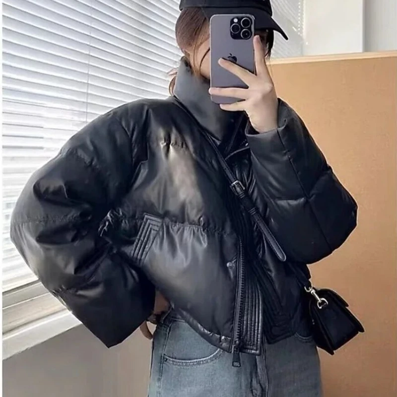 جديد الشتاء النساء سميكة وهمية الرقبة القطن وسادة مبطنة واحدة الصدر جيب عارضة أسفل معطف الشتاء الدافئة فضفاض معطف قصير #3