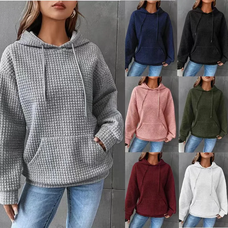Hoodies women 2026 casual autumn Spring waffle plaid round-neck long-sleeved sweatshirt solid color women's clothing