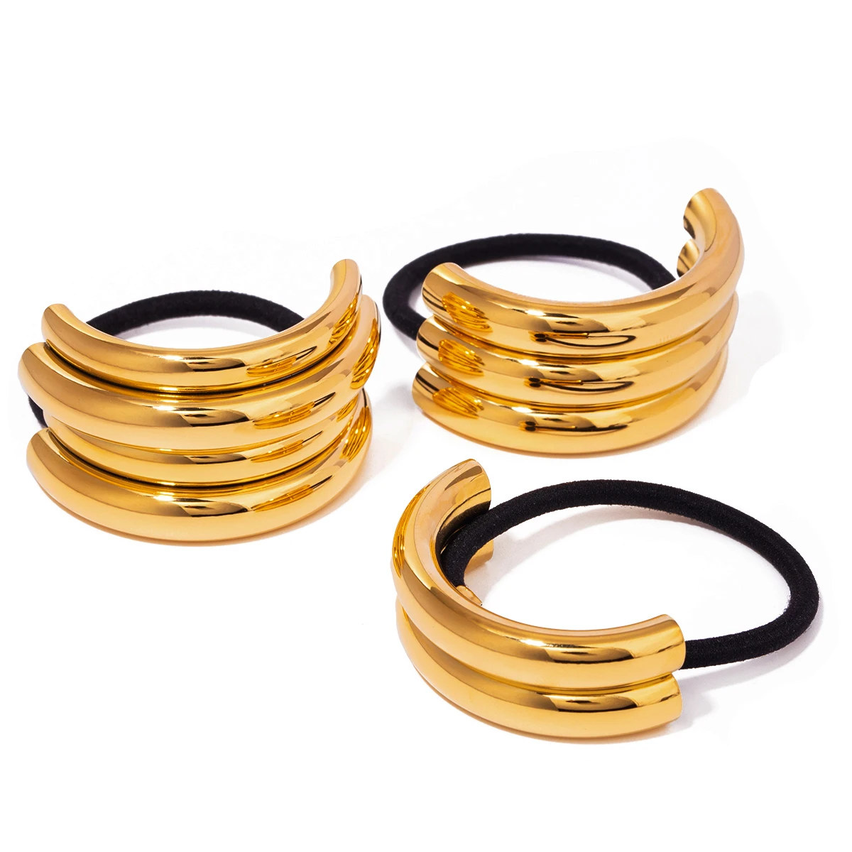 Stainless Steel 18K Gold Plated U-shaped Multi-layer Hollow Steel Tube Black Rubber Hair Bands Hair Rope Ponytails Hair Buckle