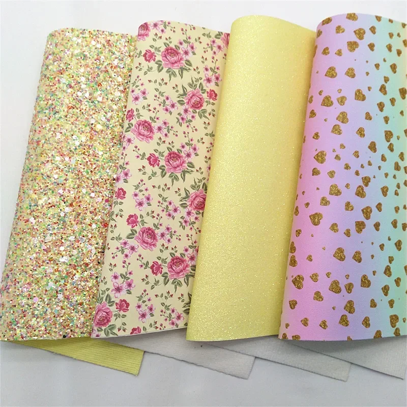 Yellow Glitter Leather Sheets Rainbow Gold Hearts Roses Dots Printed Synthetic Leather Shimmer Glitter For Bow DIY 21x29CM Q1819