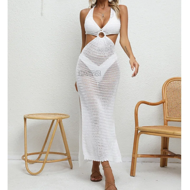 Black White Sexy Slim Dress Womens Waistless Halter Neck Bandage V-neck See-through Beach Sun Protection Long Dresses Backless