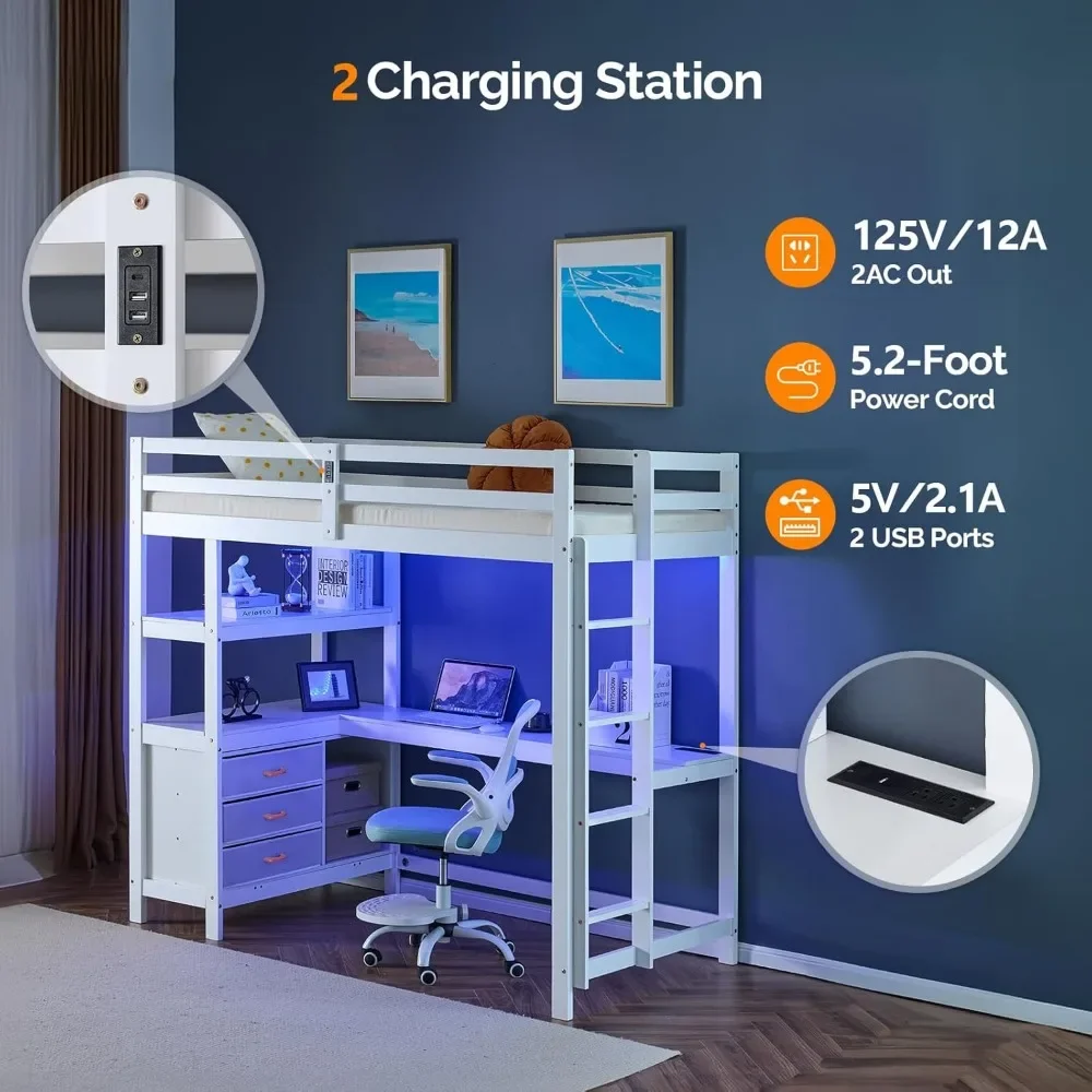 سرير علوي مزدوج مع مكتب على شكل حرف L و3 أدراج تخزين، وسرير ألعاب فردي بطابقين من الخشب الصلب مع إضاءة LED RGB تحت 2 Chargi #6