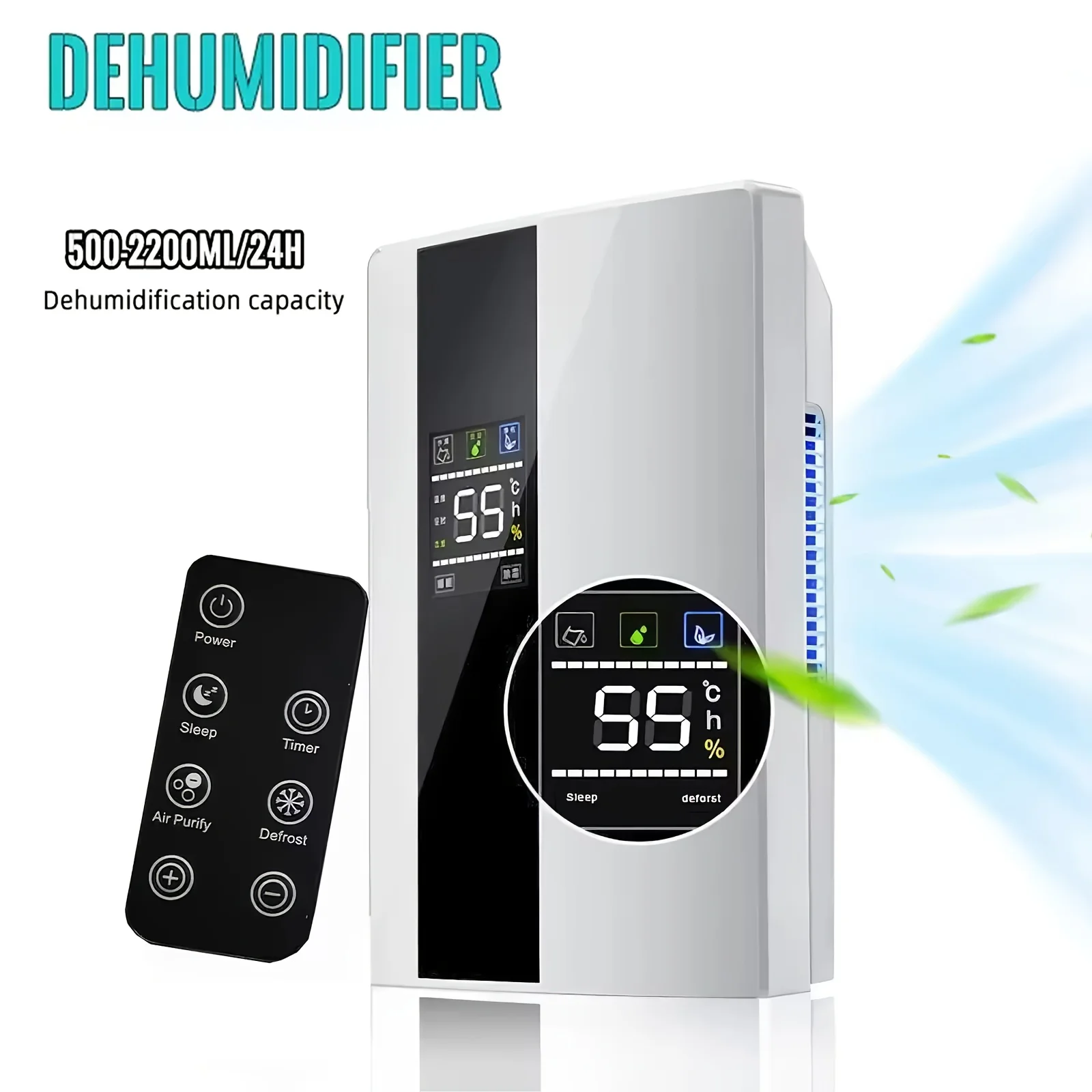 Déshumidificateur intelligent 2200 ml avec télécommande, absorbeur d'humidité domestique silencieux, prise EU 220V, purificateur d'air, machine d'absorption d'humidité