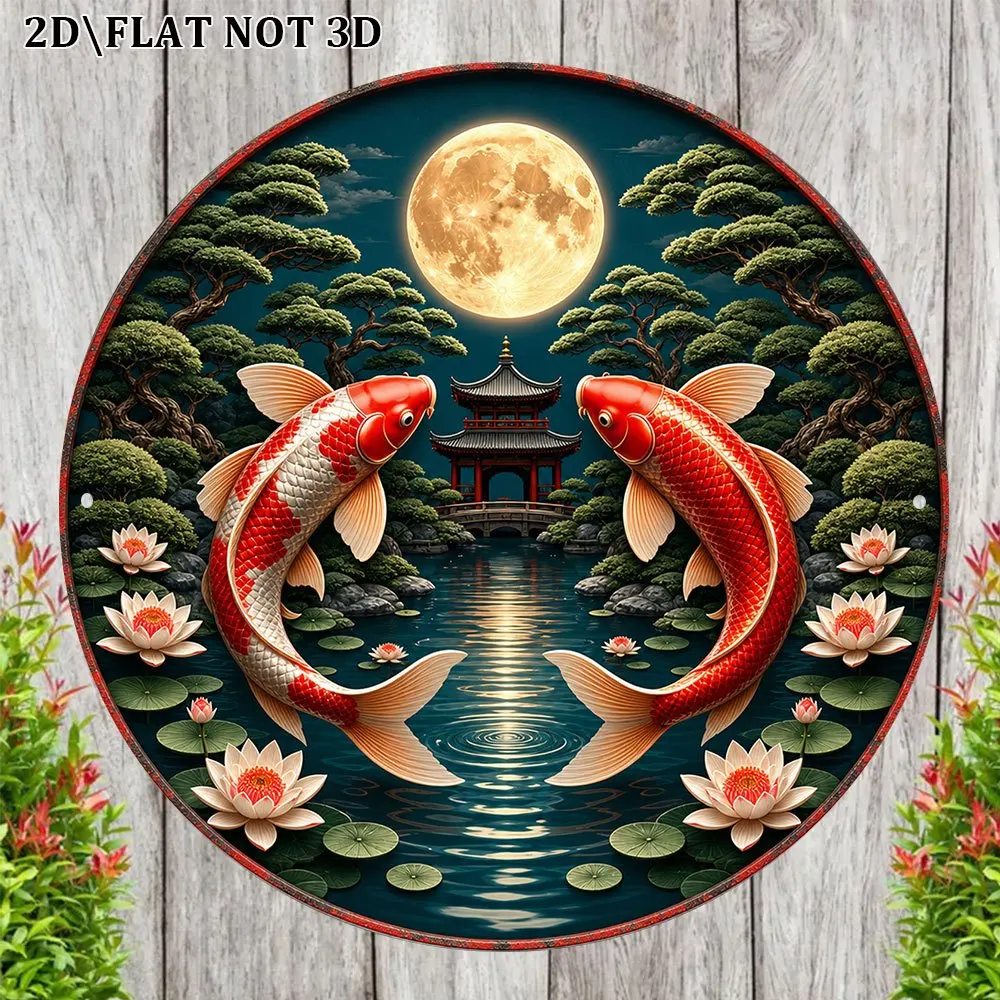 2D Flat Metal Sign Koi Pond Moon Night Japanese Garden Vintage Decor Plaque For Living Room Study Tea Room Gift view 4