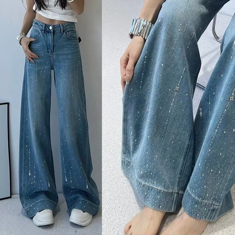 

European Early Spring New High-waisted Wide-leg Pants Meteor Hot Diamond Bow Straight-leg Jeans Versatile Women's Long Pants