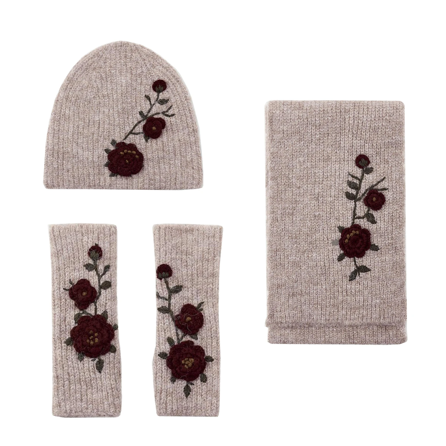 قبعة محبوكة مطرزة بالزهور 065327 قفازات أصابع 0653273 وشاح محبوك 0653272 مجموعة تي شيرت عصرية للنساء