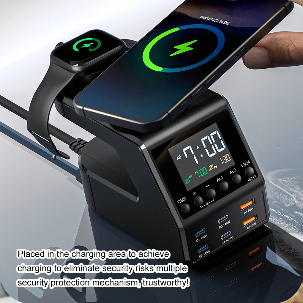 240W Charger Station 4×140W PD3.1 PPS USB Type C Wireless Fast Charger for MacBook iPhone Alarm Clock Time Display