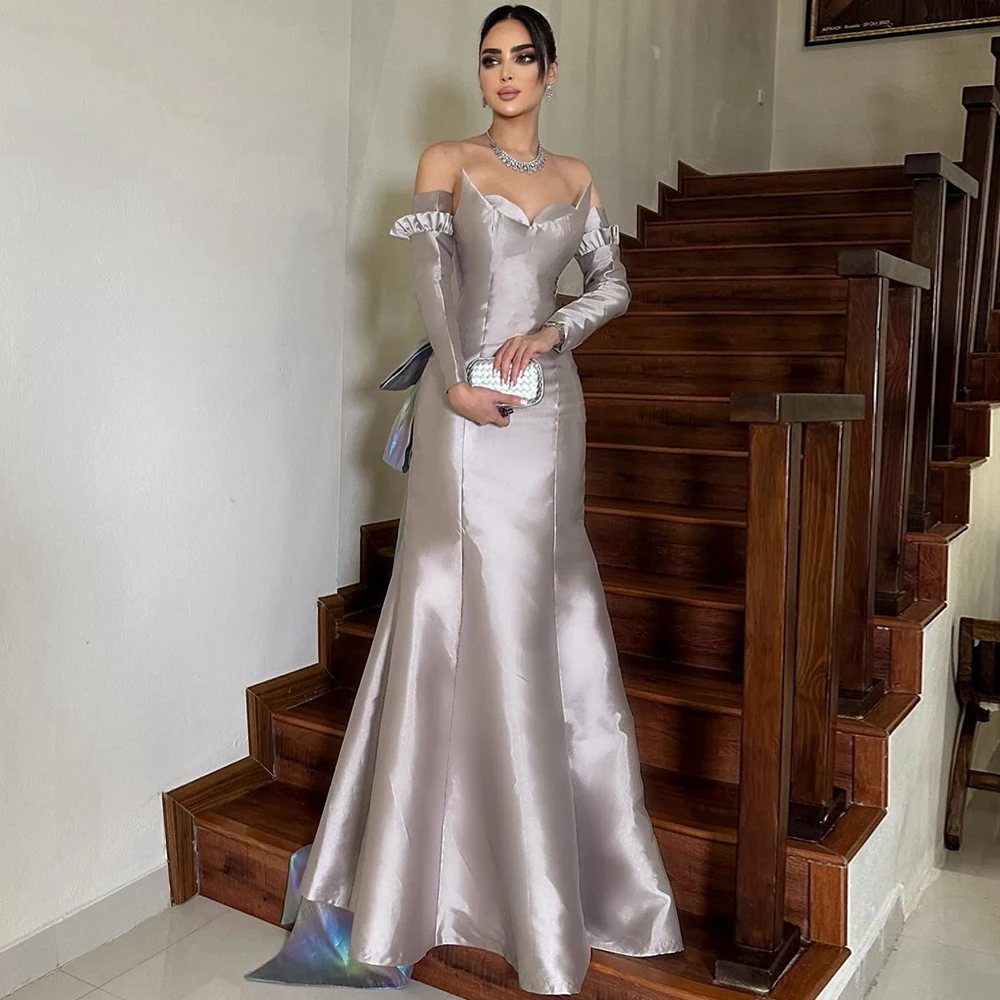 

Элегантные вечерние платья, женское атласное вечернее платье русалки/трубы, серое женское вечернее бальное платье с сердечком и шлейфом Ватто