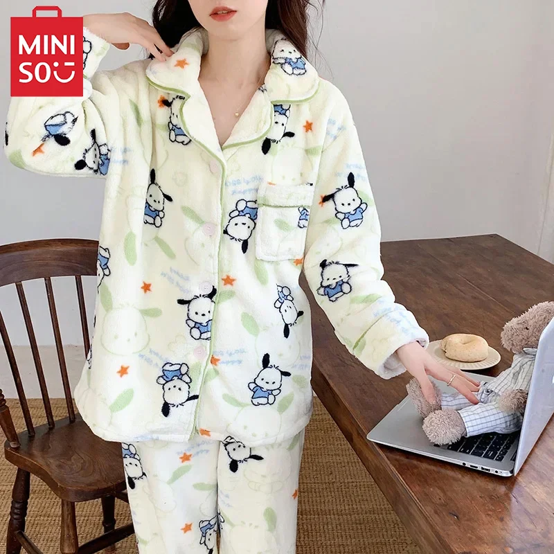 MINISO Sanrio Pochacco Pajamas Cartoon Anime Winter Velvet Thickened Warm Home Clothes Set Student Dormitory Casual Wear Gift