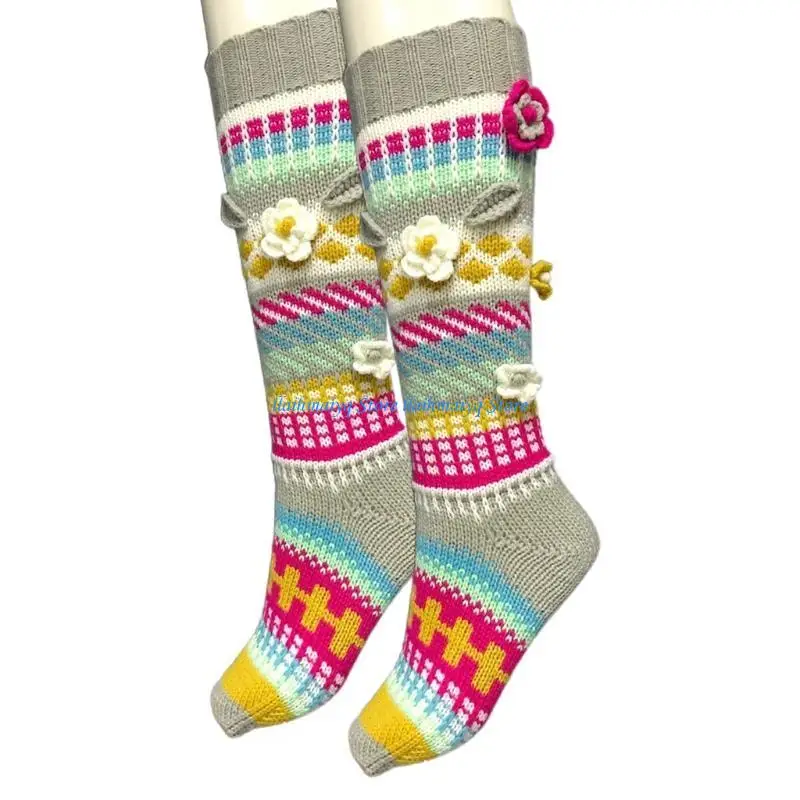 

573B Women Multicolor Crochet Knee High Socks Knit Flower Warm Geometry Stockings