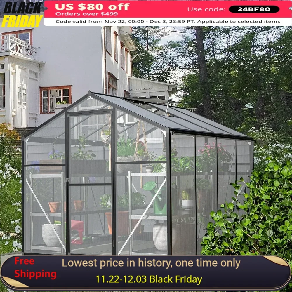 

6x8 Ft Greenhouse for Outdoor Upgraded Heavy Duty Aluminum Frame Walk-in Green House Garden Adjustment Roof Vent, Greenhouse