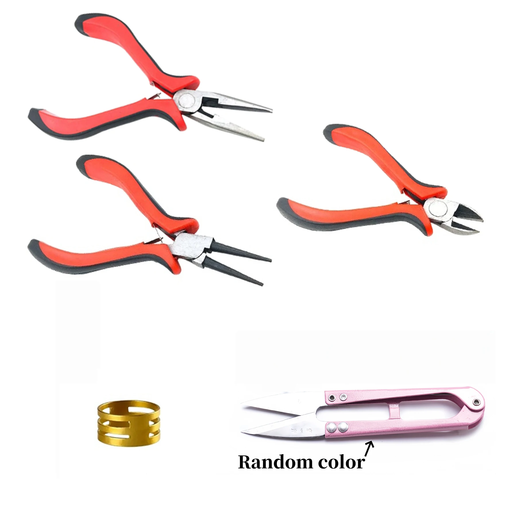 

Black red pliers, pointed nose pliers, needle rolling pliers, scissor pliers, matching scissors, rings, DIY making tools.