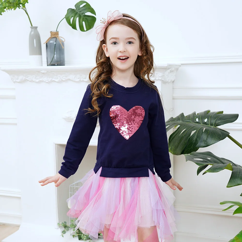 VIKITA Mädchen Hoodies Kleid Kinder Herzform Flipable Pailletten Applizierte Patchwork Kleid Mädchen Tüll Mesh Layered Tutu Kleider – Detail 2