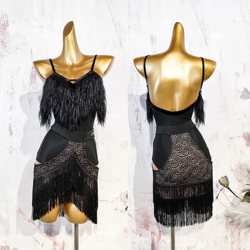 Vestito da ballo latino Sexy Fluff Strap Top Nappe Gonna di pizzo Costumi di prestazione per le donne Chacha Rumba Tango Latin Wear DN22349