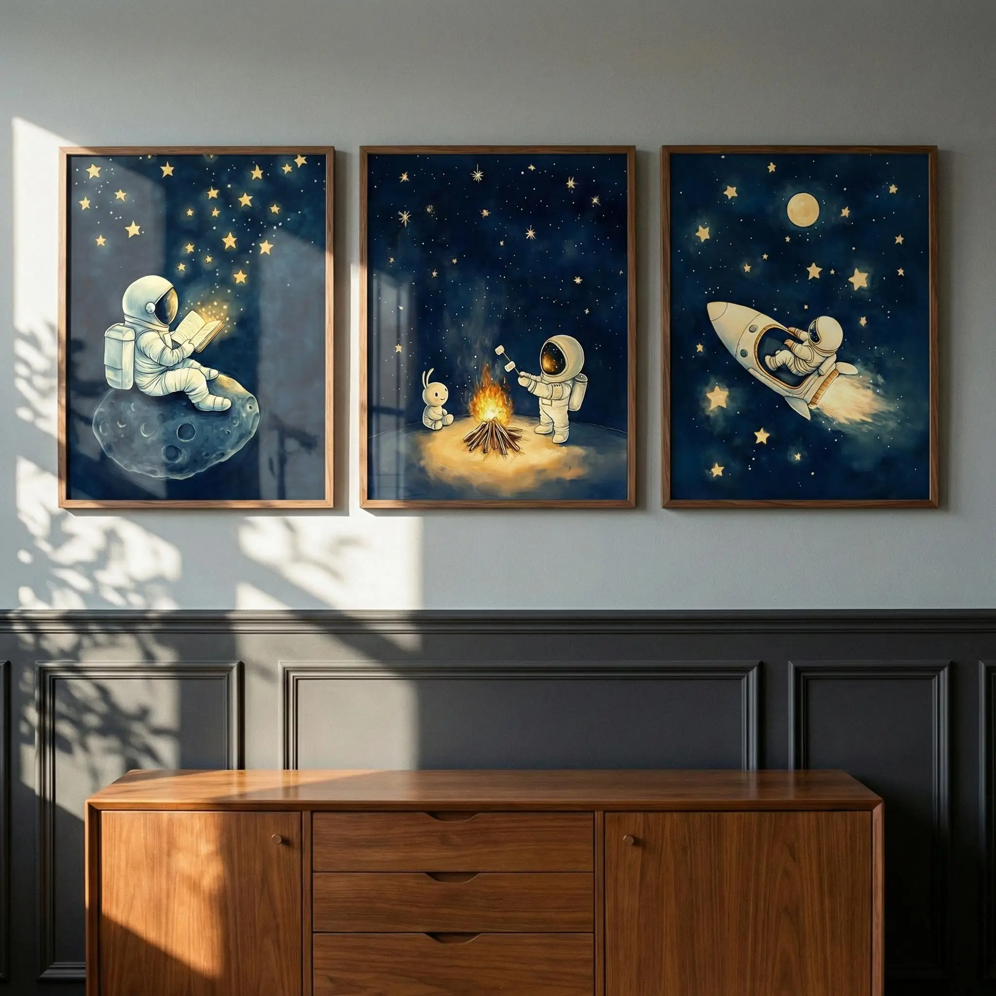Astronaut Space Wall Art Set of 3 Whimsical Outer Space Nursery Decor Cute Astronaut Kids Room Art Rocket Ship Moon Art Poster