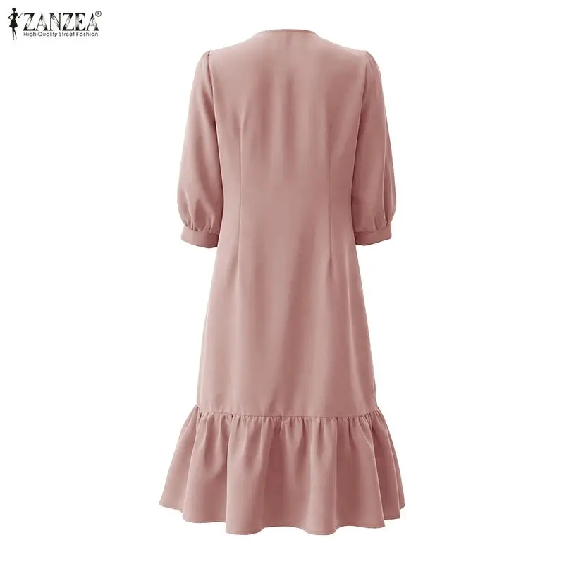 Womens Casual Ruffle Hem Midi Dress O-Neck 3/4 Puff Sleeve Cinch Waist Button Up Dresses ZANZEA Summer Solid Color Robes Femme