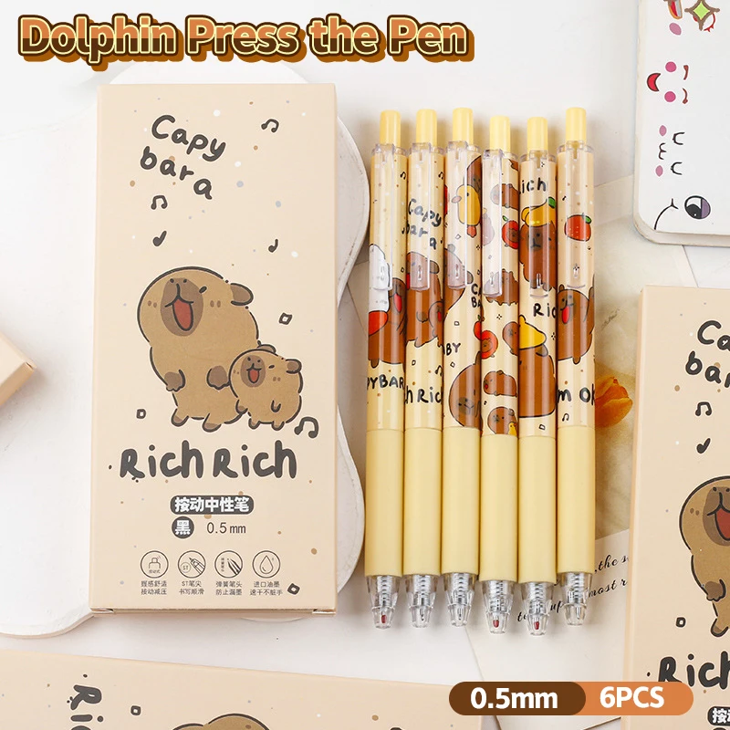 6Pcs Kawaii Capybara Gel Pen Quick-Drying Writing Smooth Pressing Pens School Supplies Aesthetic Pens Cute Student Stationery