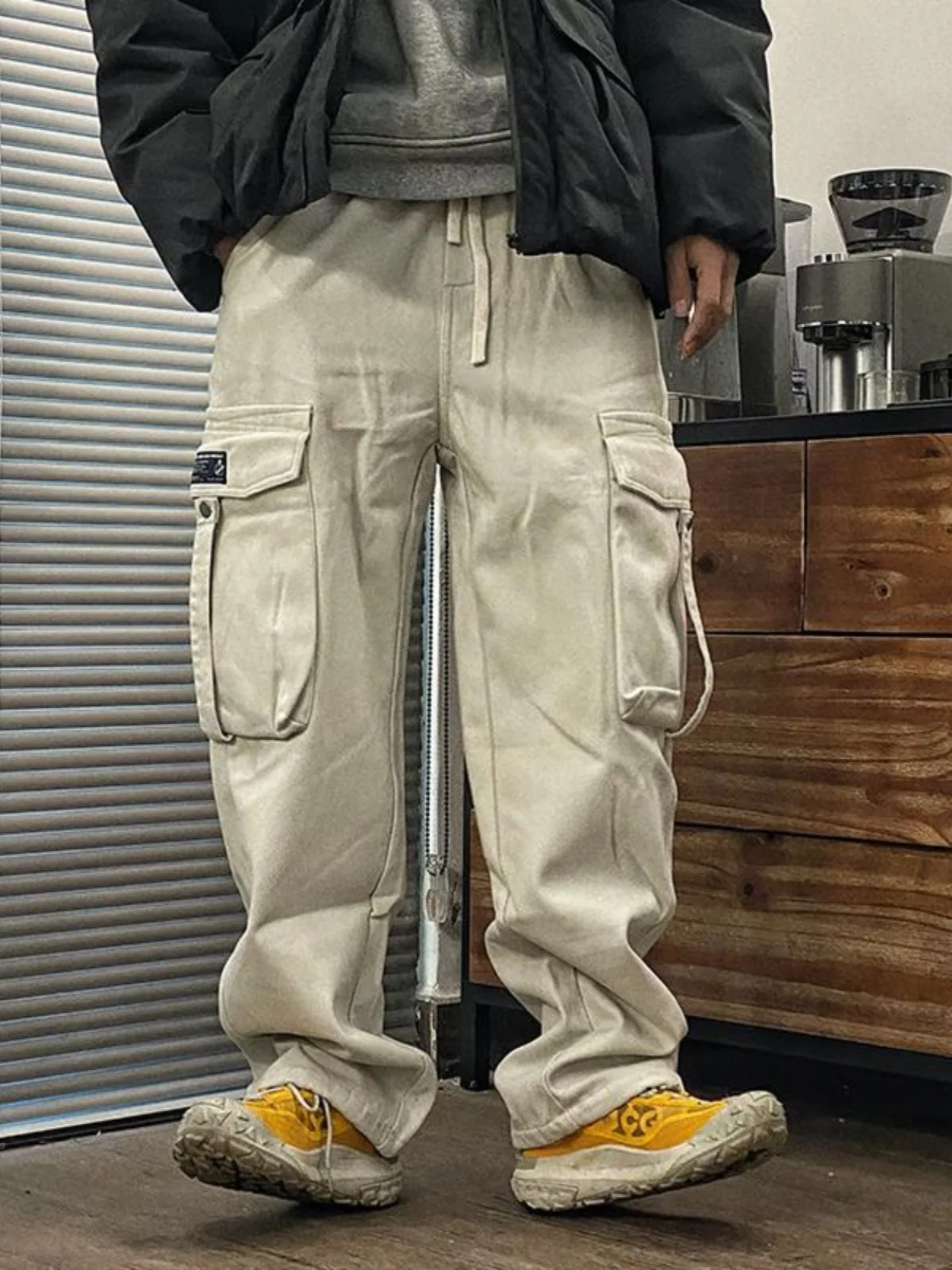 

Men's Fce Lined Loose Straight Leg Sweatpants Thi Casual Trousers American Sle Dir Pants Trendy Leisure Trousers