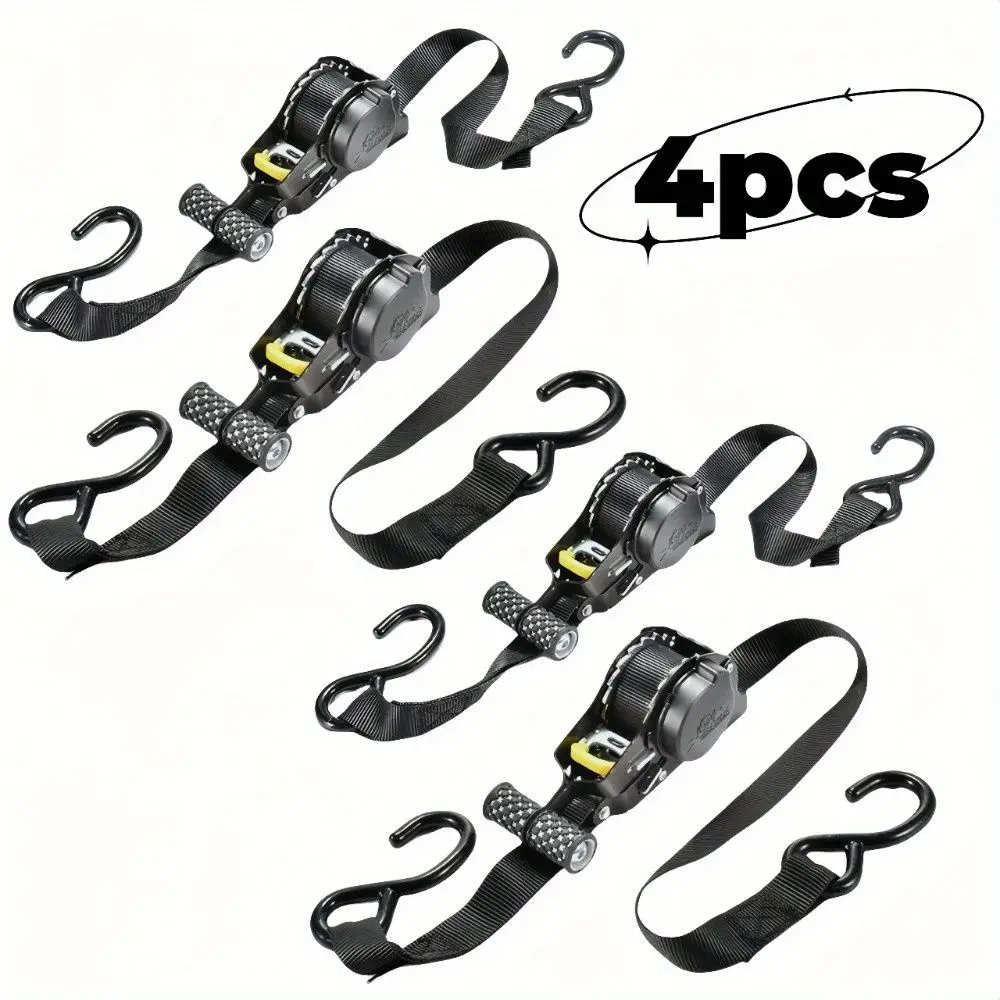 4pcs 10FT Ratchet Tie Down Straps - Auto Retractable Ratchet Straps Heavy Duty 1500lbs 4 Pack with S Hooks, Ratchet Straps for S