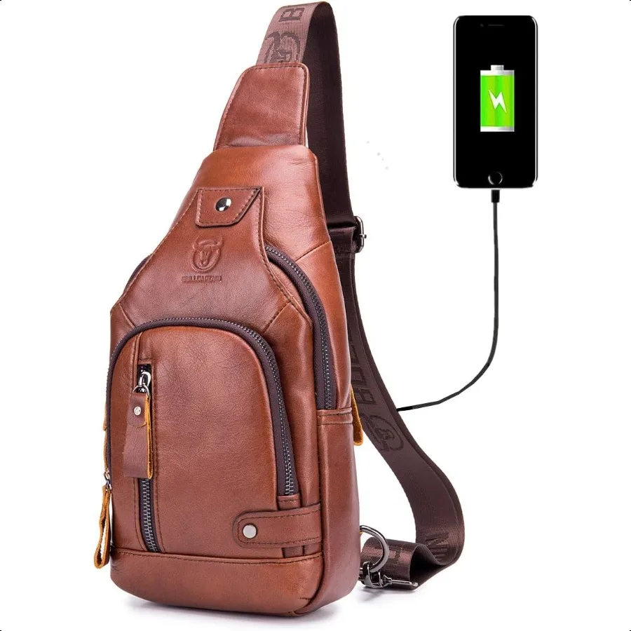 

BULLCAPTAIN Genuine Leather Sling Bag with USB Charging Port Multipocket Chest Bag for Men Hiking Travel Daypack XB129
