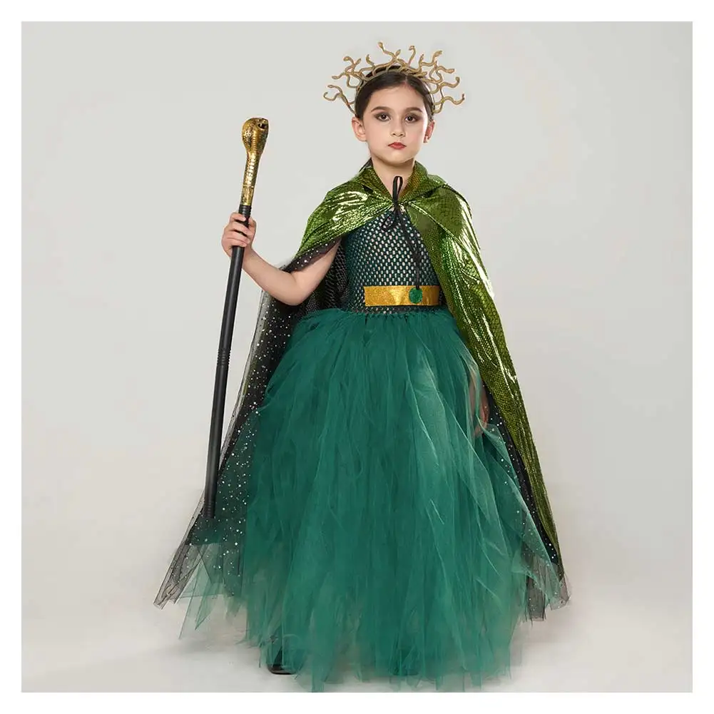 Wholesale Goddess Medusa Cosplay Child Girls Role Play Green Tutu Dress Stage Costume Kids Roleplay Fantasy Party Clothes