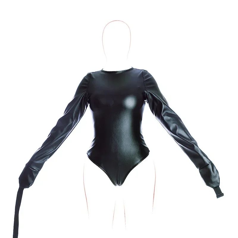 BDSM Bondage Long Sleeve Bodysuit,Adjustable Belt,Leather Arm Binder Restraint Straitjacket,Slave Cosplay Costume Women Sex Toys