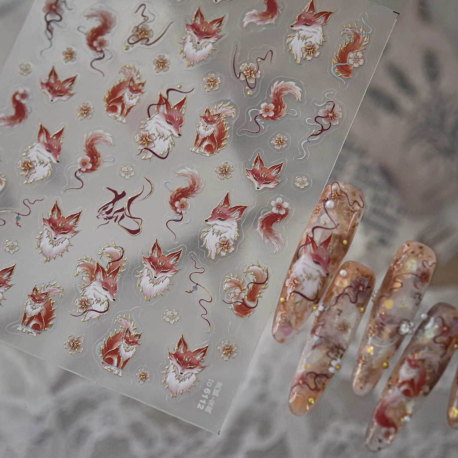 Hot stamping Nine‑tailed Fox 5D Nail Stickers Chinese Style Red White Gradient Fur Peach Blossom Auspicious Cloud Nail Decals
