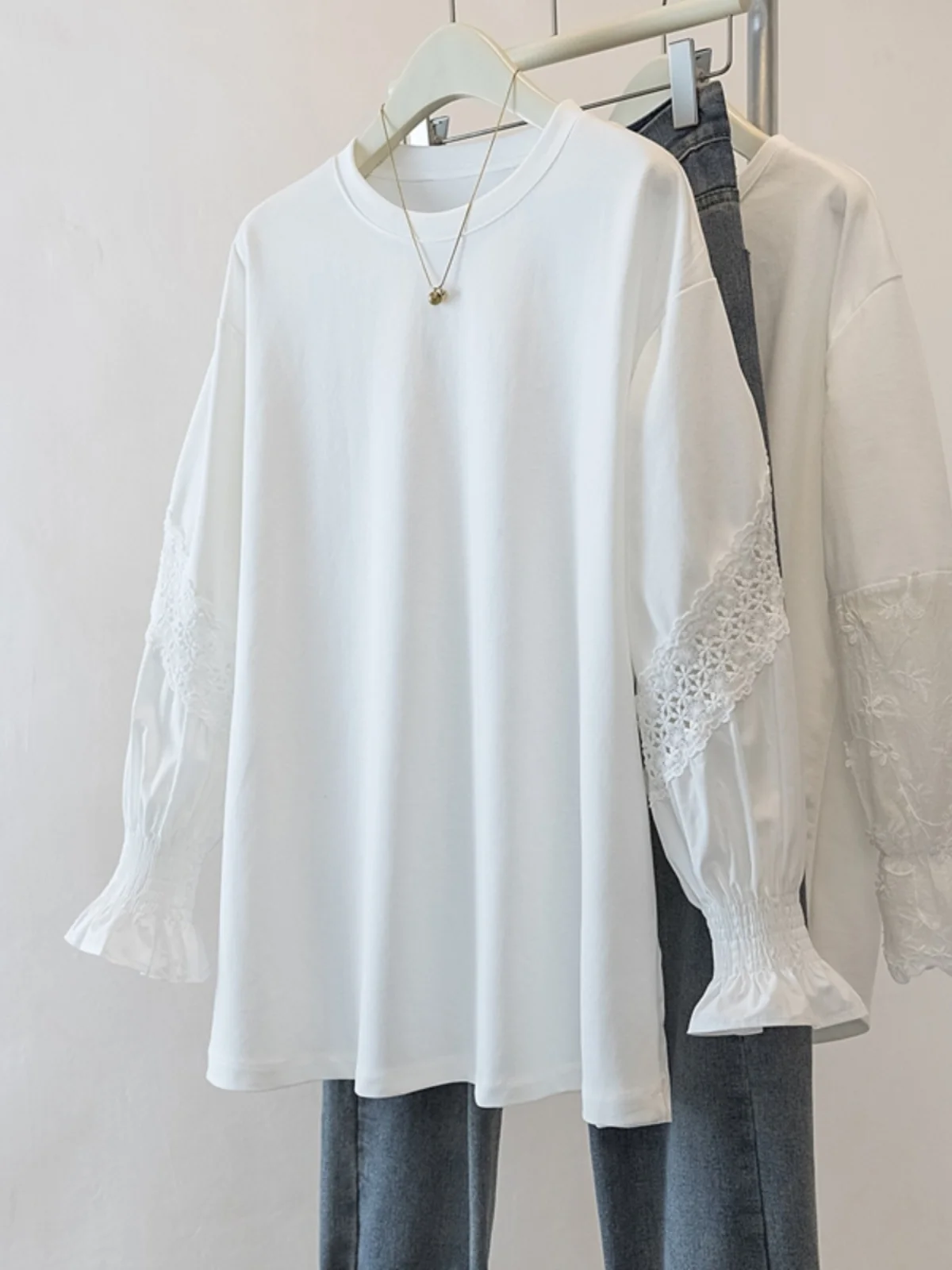 Lace Splice Long Sleeve Women's Shirt Base Layer Top plus Size Spring Autumn New Style Bell Sleeve Hollow out Embroidery Design