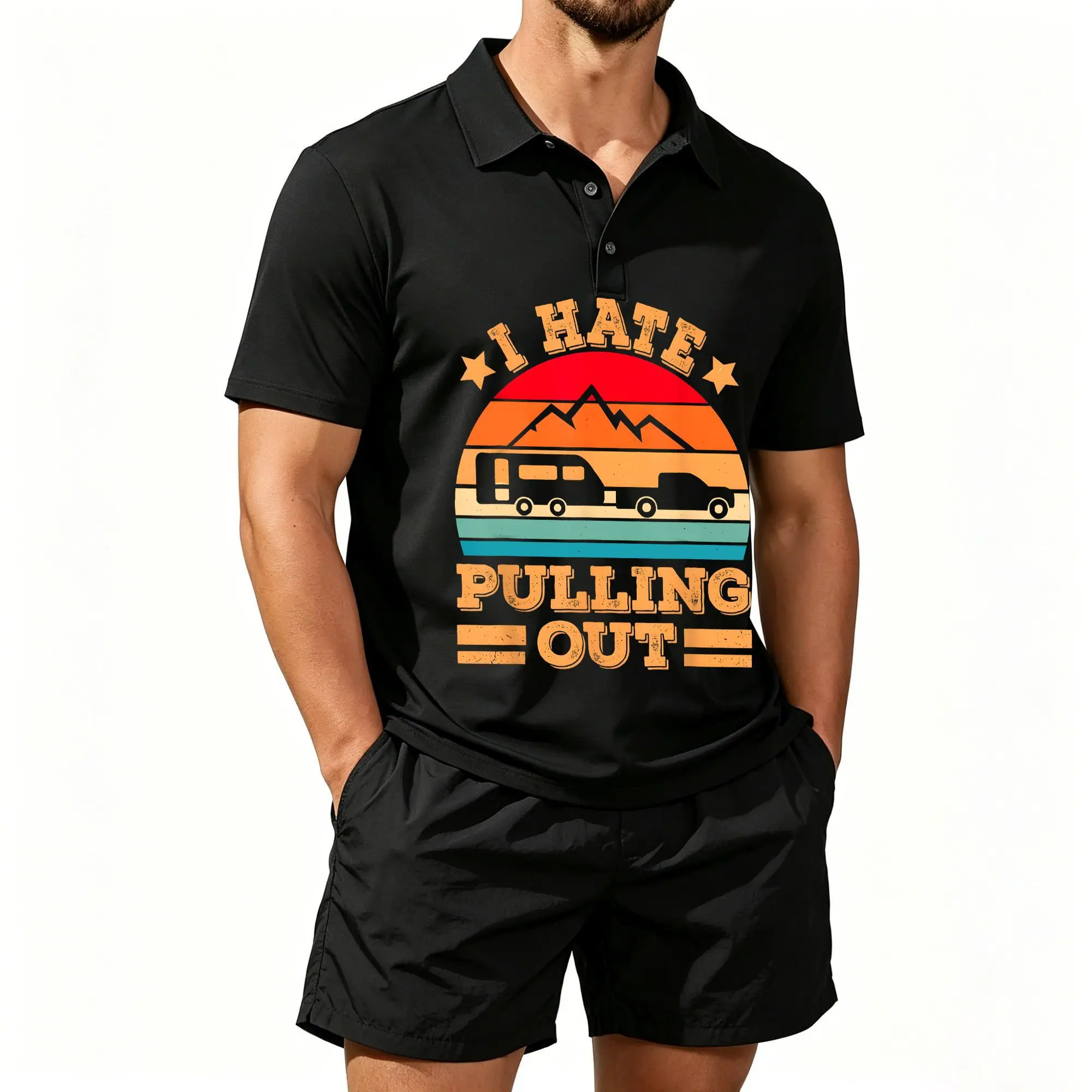 Conjunto de Dos Piezas de Camiseta Polo y Pantalones Cortos de Playa para Hombre Eslóganes divertidos de camping vintage con temática forestal: "La cosa más molestosa del embalaje de equipo de camping." Casual y versátil, cómodo de llevar, ajuste perfecto.