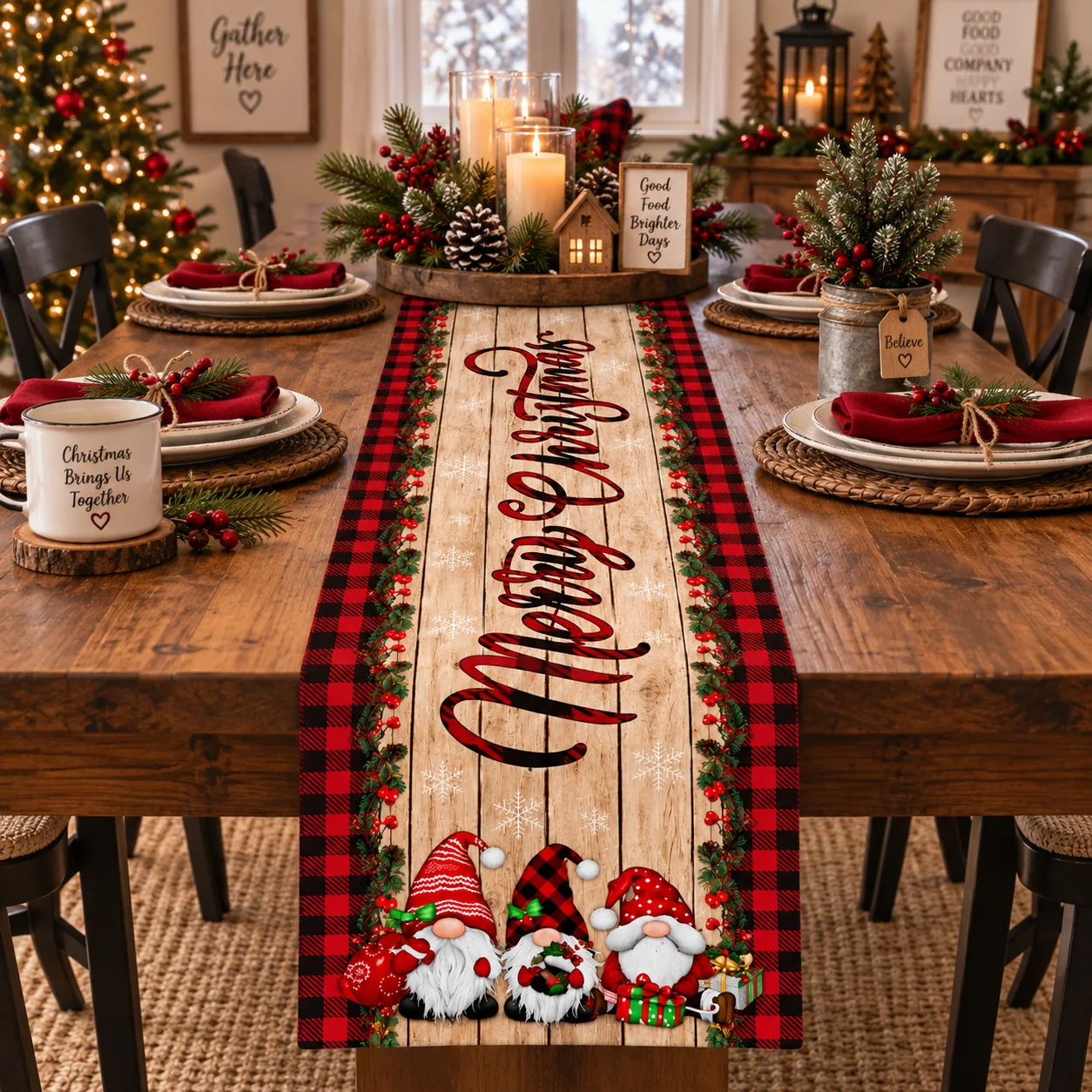Rustic Christmas Table Runner, Gnome Snowflake Table Cover, Vintage Country Style, Winter Holiday Home Decor & New Year Gift
