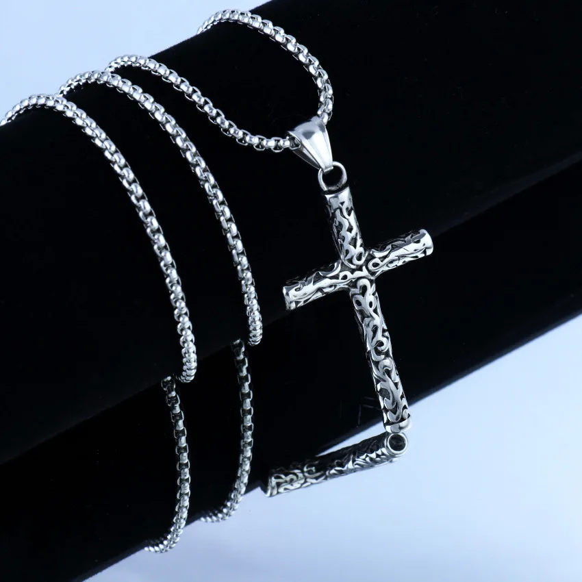 Vintage Ornate Cross Necklace for Men Stainless Steel Chain Scrollwork Carved Gothic Pendant Retro Dark Amulet Jewelry Gift