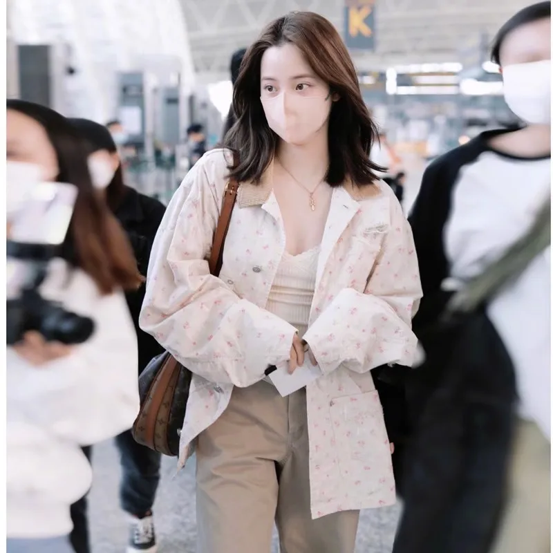 

Loose Women's American Style Floral Print Jacket Shirt Light Cotton Long Sleeve Button down Collar Commute Style