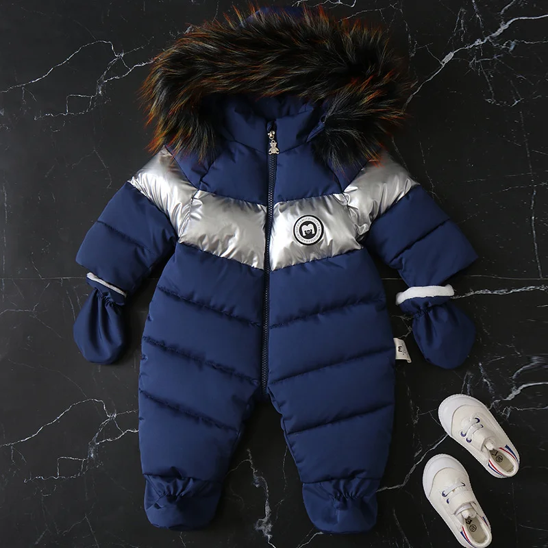 -30℃ Winter Padded Warm Rompers Baby Plus Thick Velvet Bodysuits Clothes Waterproof Hooded One-Pieces Infant Girls Boys Overalls