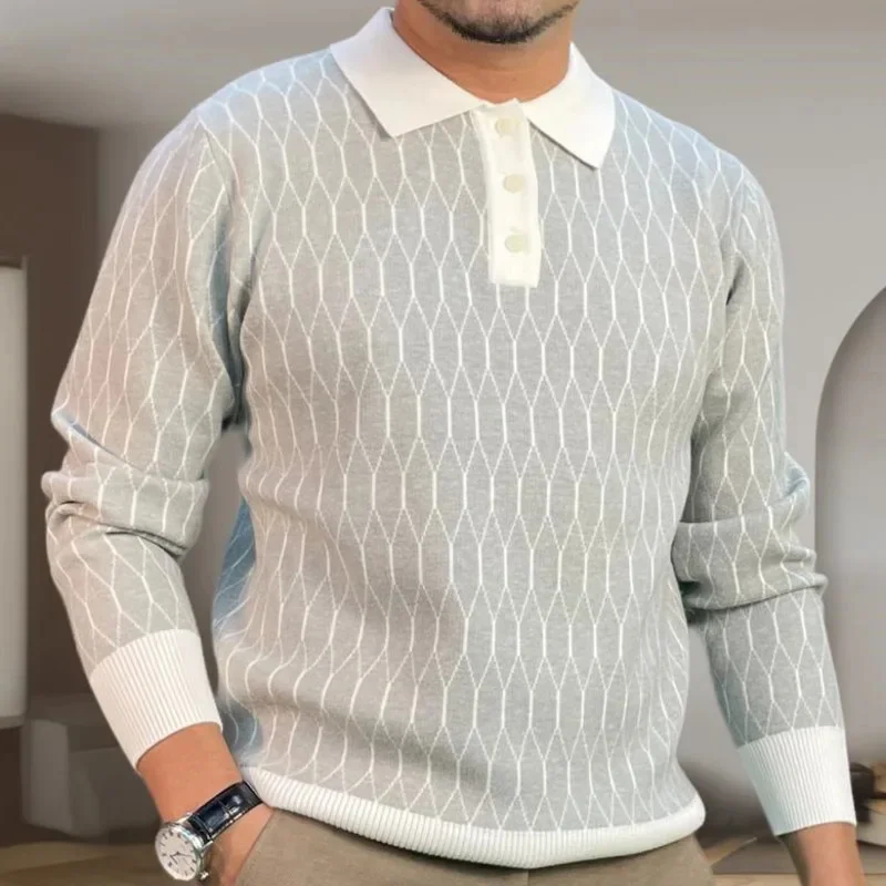 High Quality Contrasting Pattern Knit T-Shirt Elasticity Long Sleeve Slim Bottomed Lapel Men Streetwear Knitted Sweater