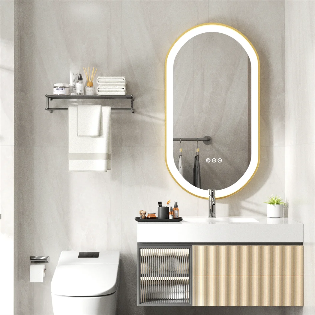 LUVODI Gouden Ovale LED Verlichte Badkamerspiegel met Aluminium Frame en Ontwasemingssysteem, Luxe Badkamer Decoratieve Wandspiegel