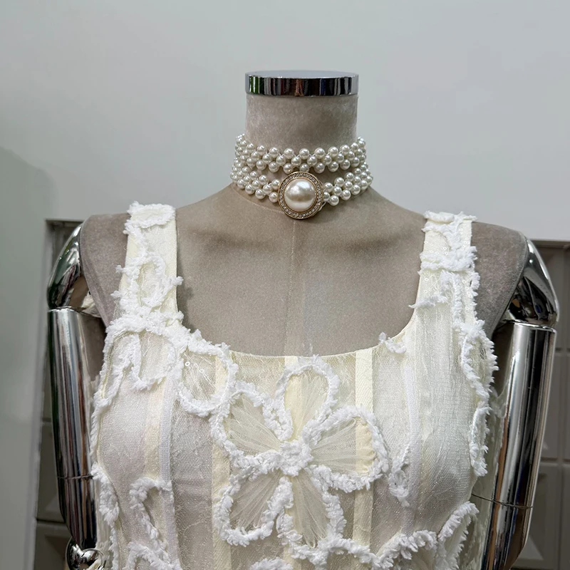 KBQ Abiti da festa con orlo in rete impiombato dolce senza schienale per donna Colletto quadrato senza maniche Patcwork Abito corto elegante floreale femminile