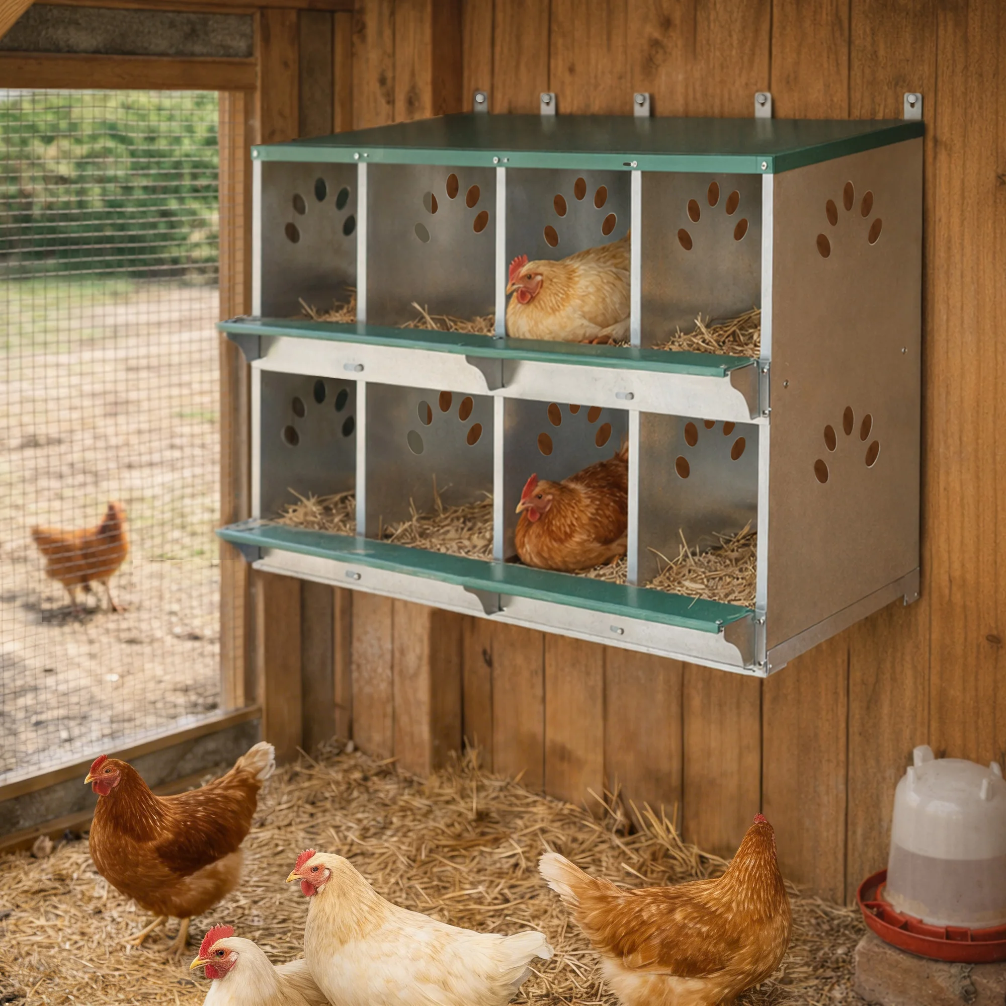 8 Compartment Chicken Nesting Box, Galvanized Steel Metal Nesting Boxes for Hens with Roll Out Egg Collection, Easy to Assemble Wall Mount Coop Nest Box for Backyard Poultry