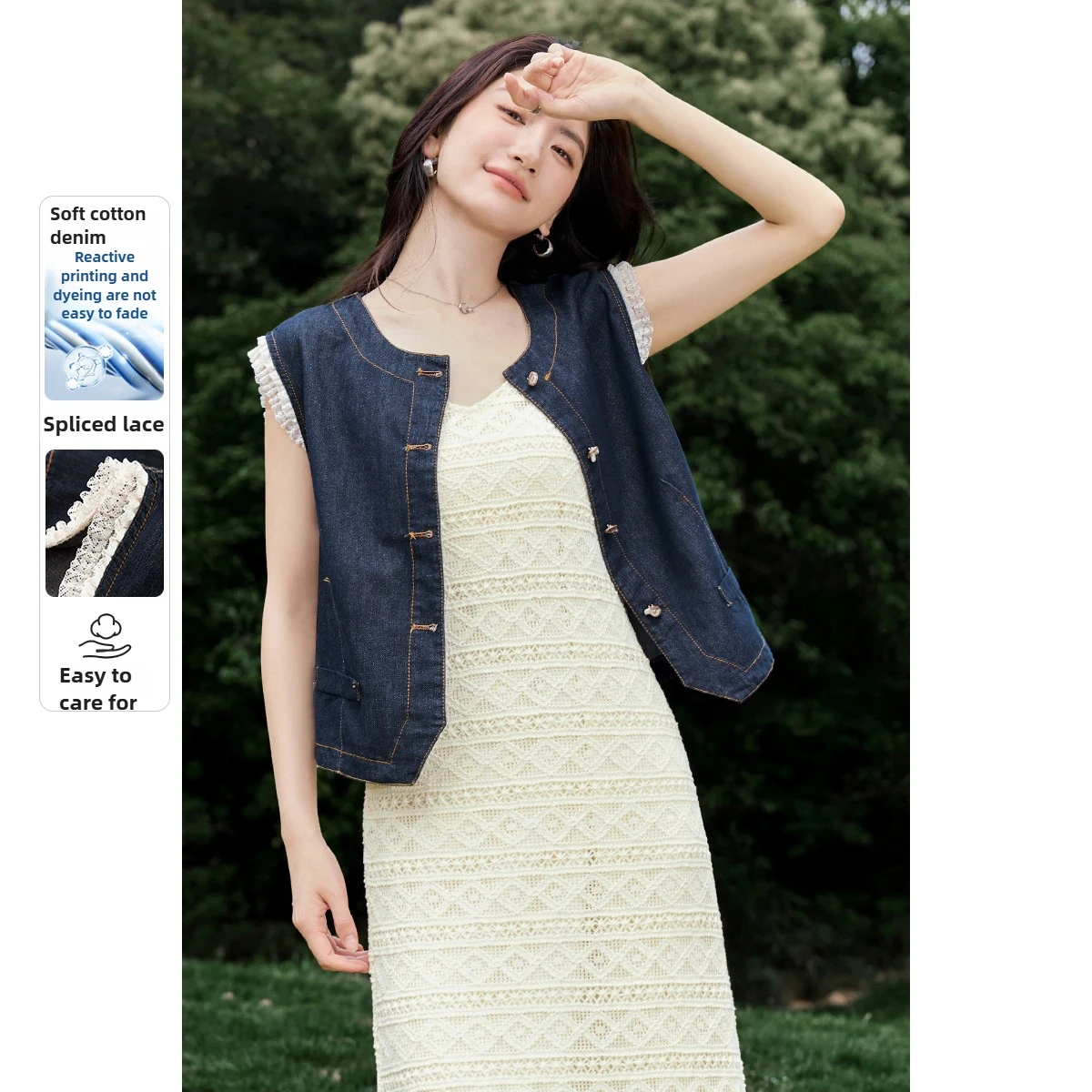 

SENTUBILA Denim Women's Vest for 2025 Summer Commuting Round Neck Patchwork Lace Blue Sleeveless Waistcoat Casual Coat W52JC1839