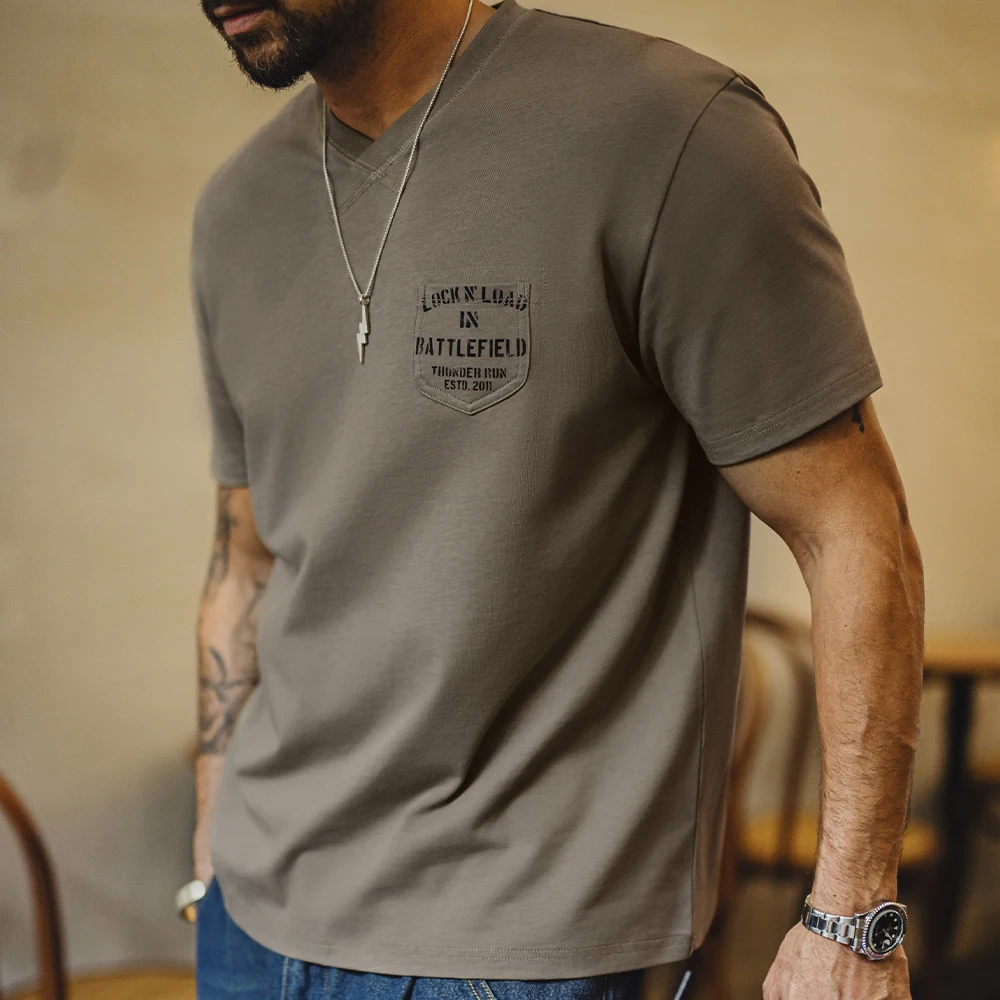 Maden Men's Summer Vintage Military Print Chest Pocket Short Sleeves T-Shirt Ribbed V-Neck 100% Cotton Tee Casual Street Tops