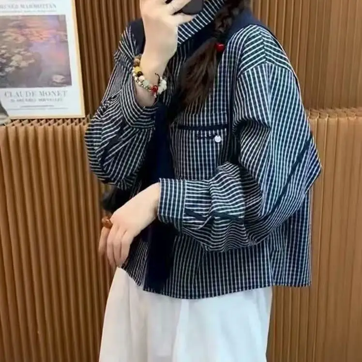 Koreańska długa bluzka w kratę, modna, anty-aging, na wczesną jesień, nowy design, oddychająca poliestrowa bluzka.