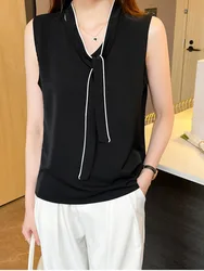 #3311 White Black Womens Tops And Blouses Bow Collar Sexy Chiffon Sleeveless Blouse Femme Thin France Style Elegant Summer 2024