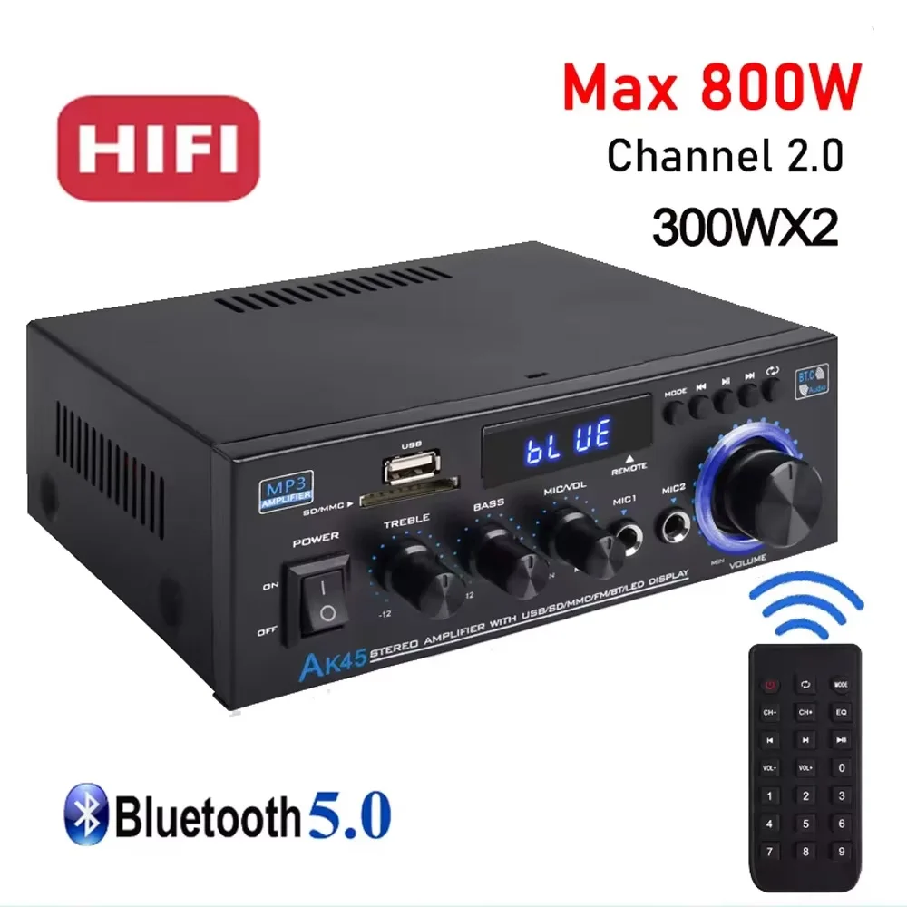 New AK45 12V 90V-240V Bluetooth Amplifier USB HiFi Stereo Digital Car Audio with Remote Control USB FM Car Home Theater System