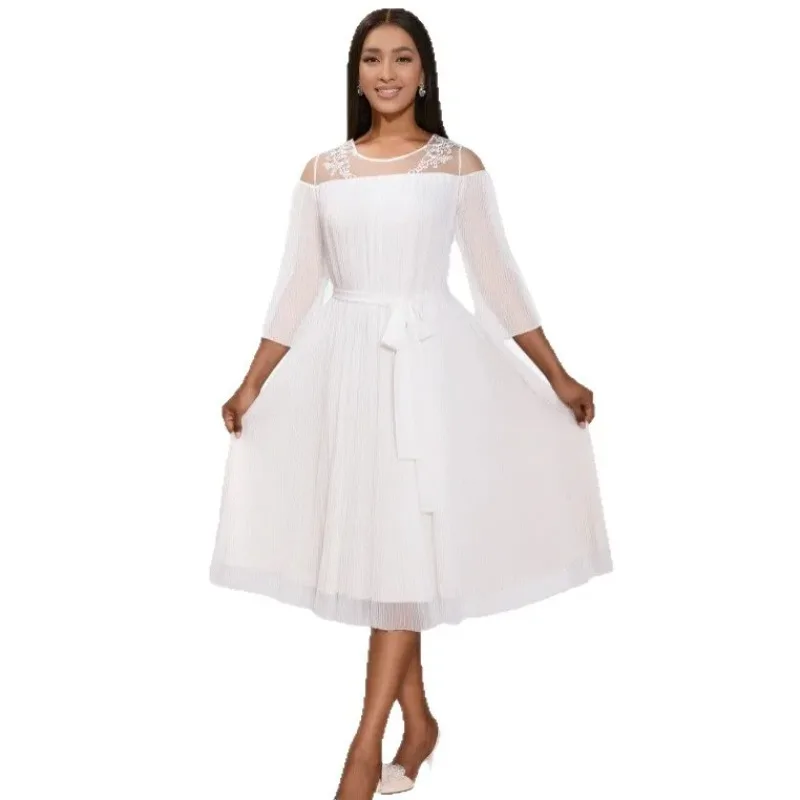 

Plus Size African Dresses for Women Autumn African O-neck Polyester White Mesh Midi Dress Gowns Dashiki Africa Clothing S-4XL