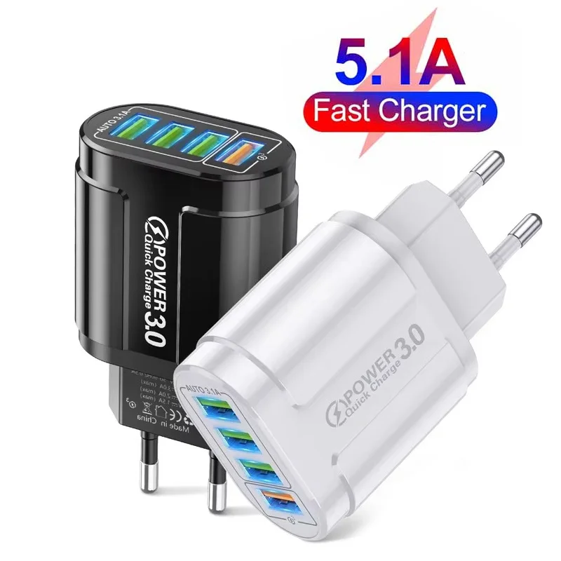 4USB QC3.0 Charger Quick Charge 3.0 Multi Port Output For iPhone Xiaomi Huawei Realme Home Office Travel Accessory Wall Charger