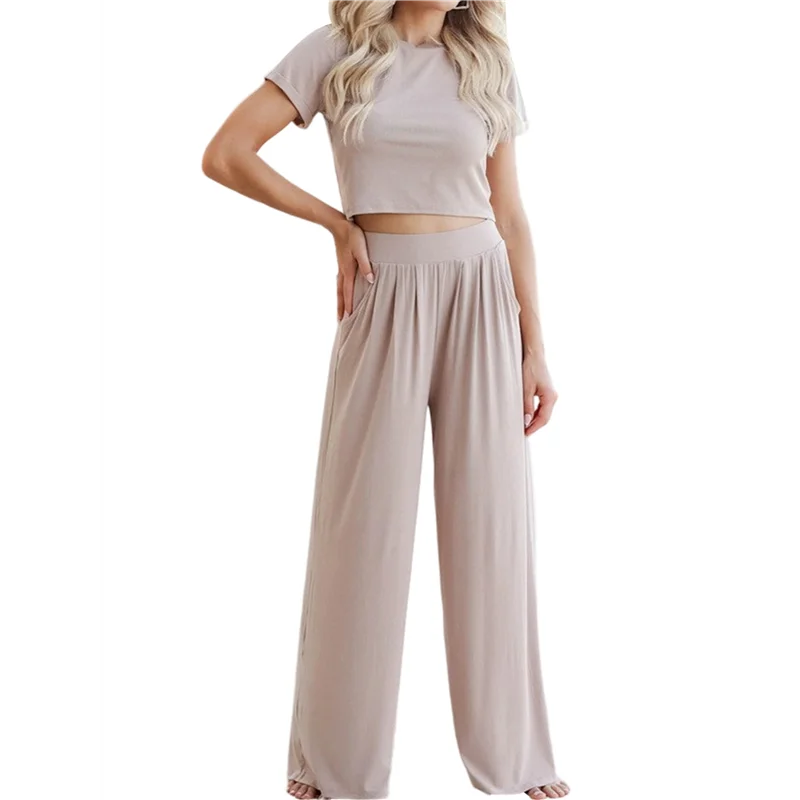 Setelan Kasual Wanita A09P Dua Potong Atasan Lengan Pendek Dan Celana Panjang Lebar Setelan Kasual Serasi