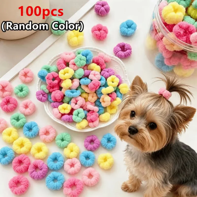 100pcs Mini plush elastic pet hairband, suitable for puppies and kittens. Colorful, super soft and stretchable pet hair string