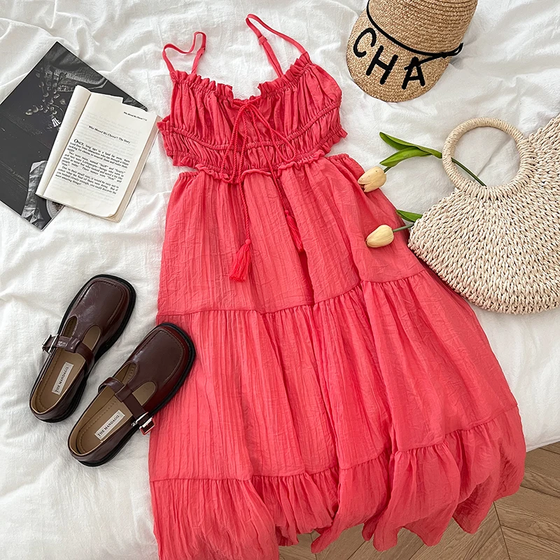 女性の綿の冷蔵庫のフリンジドレス、ミドルドレス、スパゲッティ、ハイウエスト、フローリー、カットアウト、段のロングドレス、自由奔放に生きる休暇の衣装、夏