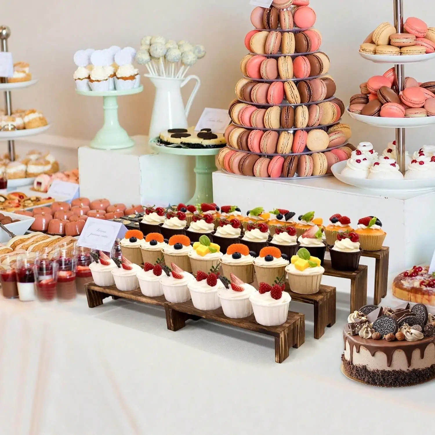 6/8 Pcs 2 Set Large Wooden Tiered Risers Display Stands For Vendor Events,Stackable Wooden Cupcake Display Stand,Farmhouse Decor Wood Dessert Table Display Set,Vendor Booth Display Items,Food Display Risers For Party