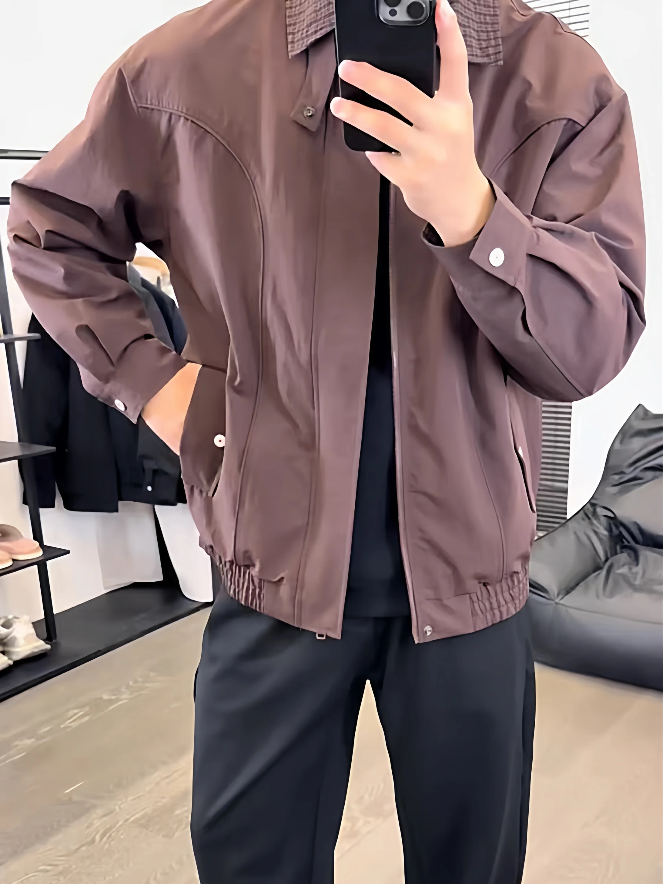 

Fall Men's Faion Patchwork Color Blo Collar Jaet American Sle Haome High End Plaid Collar Coat Loose Fit Long Sve